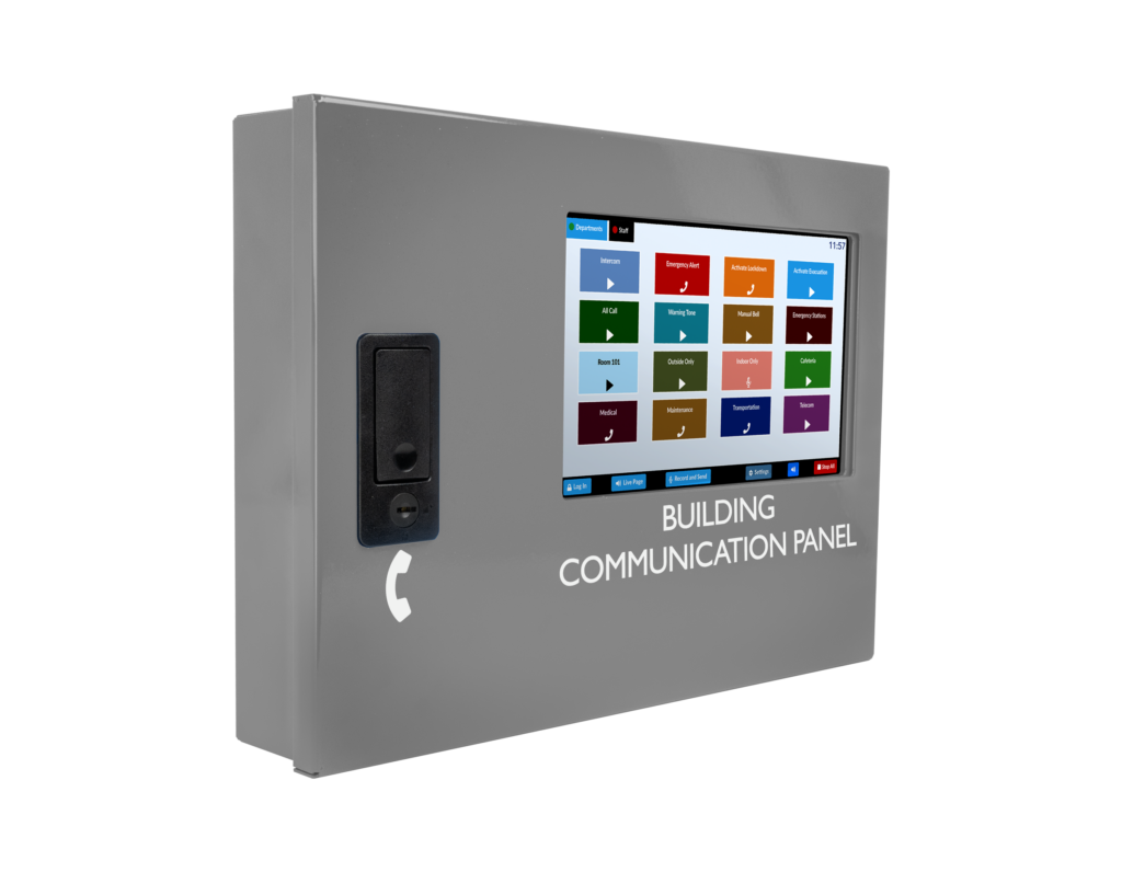 VIP-895-S Images. touchscreen console with colored icons enclosed in a grey casing.