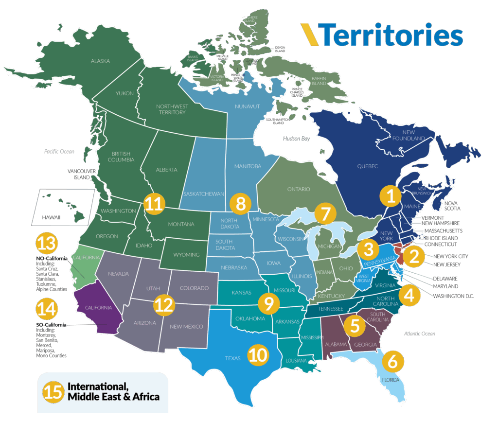 A map showing the Valcom territories across North America